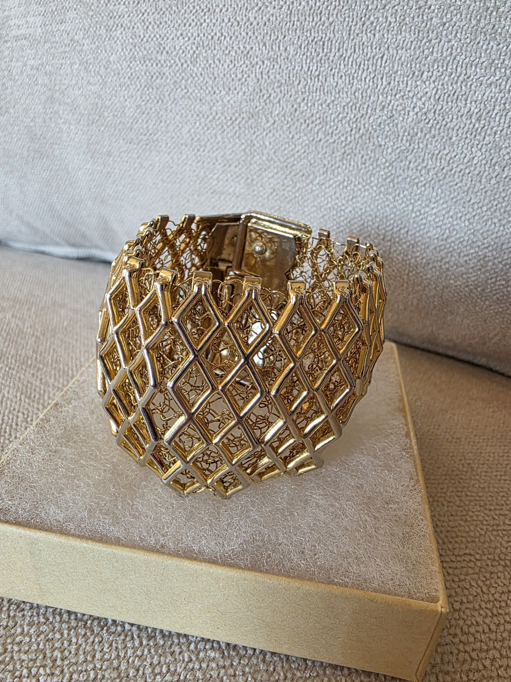 Vintage Gold Tone Wide Mesh Cuff Bracelet Statement Lattice